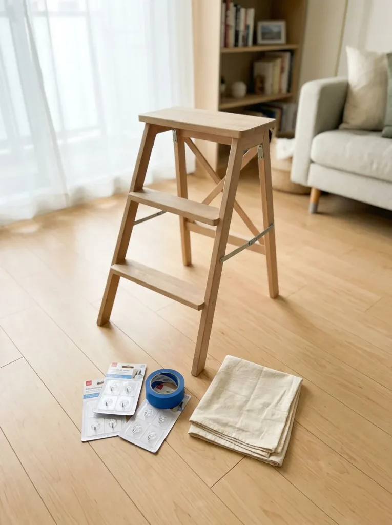 Wooden step stool on floor