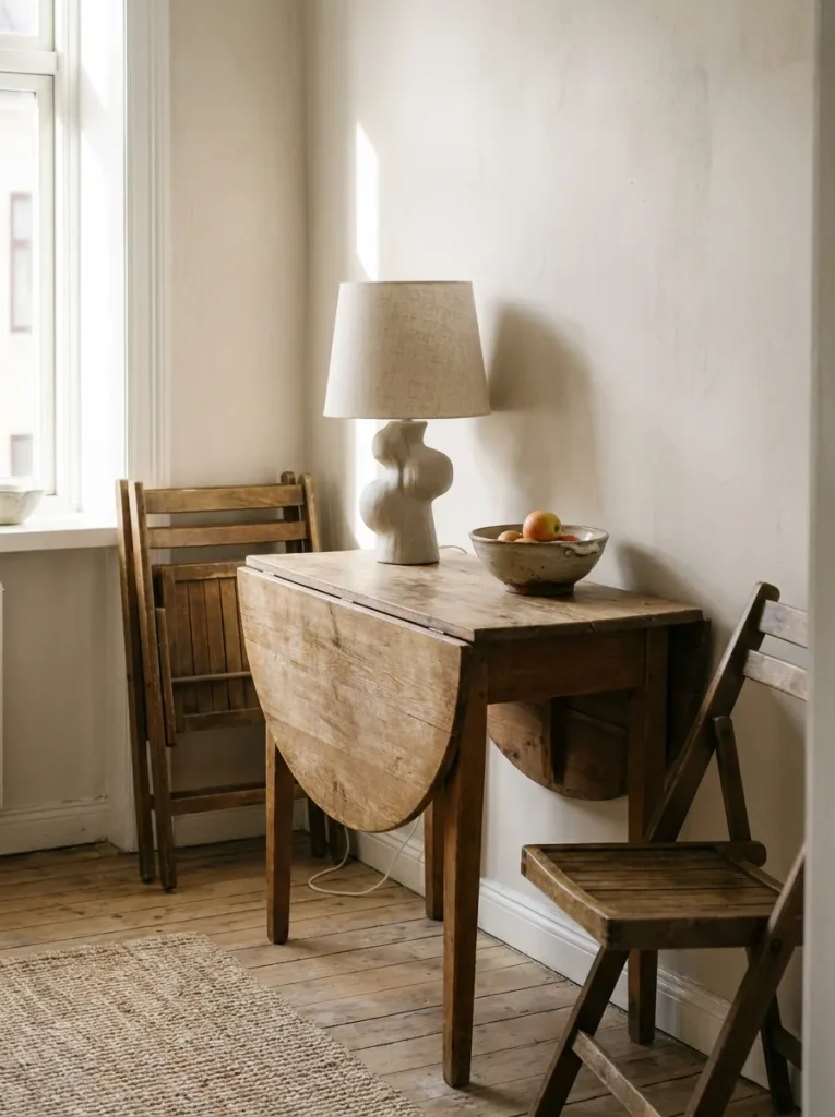 Table folded against pale wall