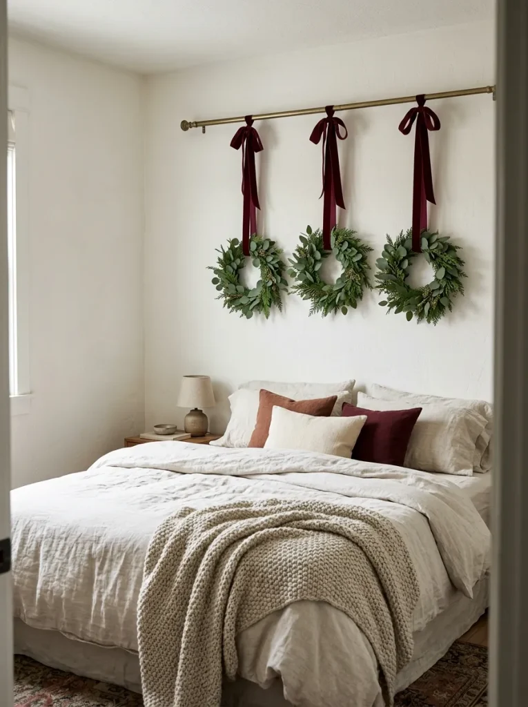 Wreaths hanging above bed