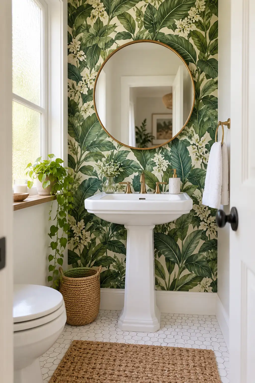 Small powder room with bold green botanical peel and stick wallpaper accent wall