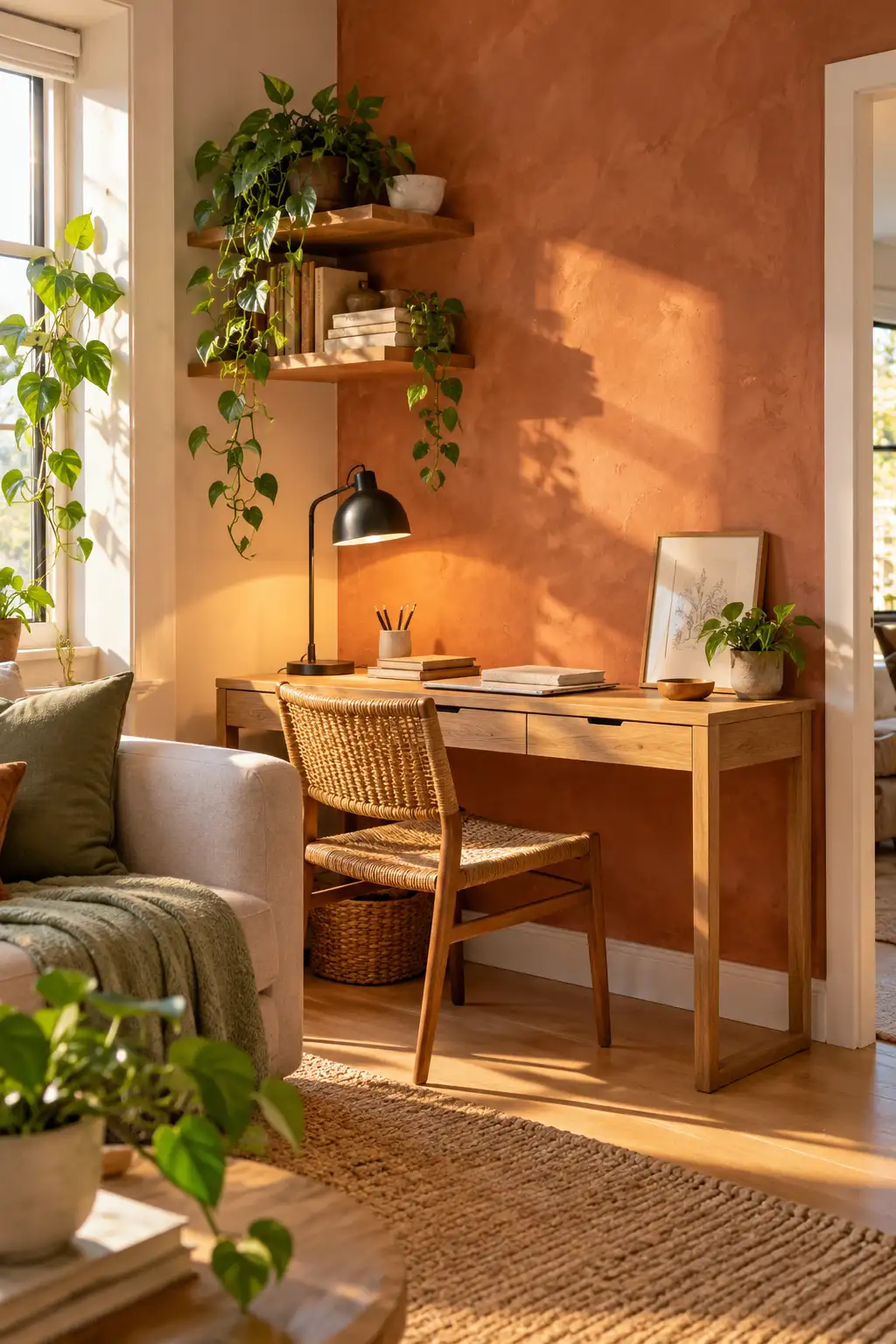 Warm clay limewash accent wall behind a small home office desk