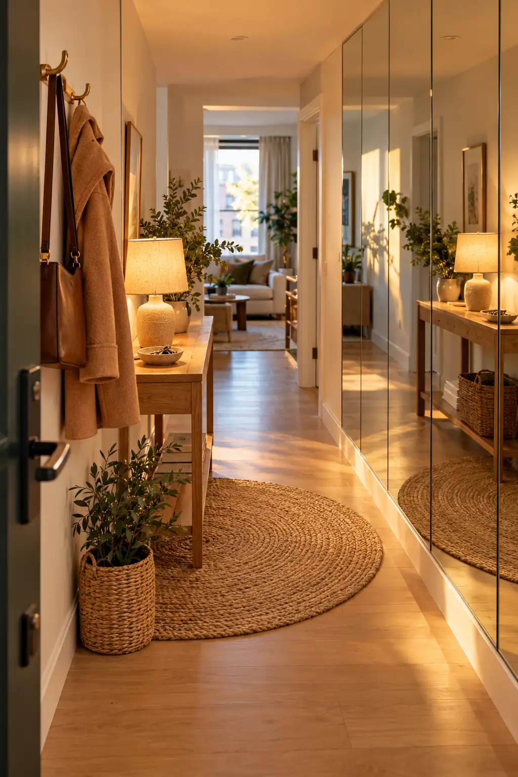Narrow apartment entryway with frameless mirror panel accent wall