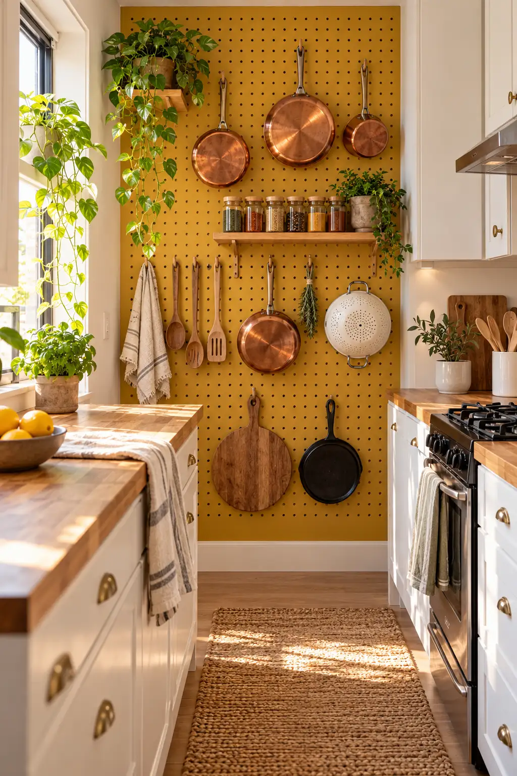 Mustard painted pegboard accent wall holding pans in a small galley kitchen