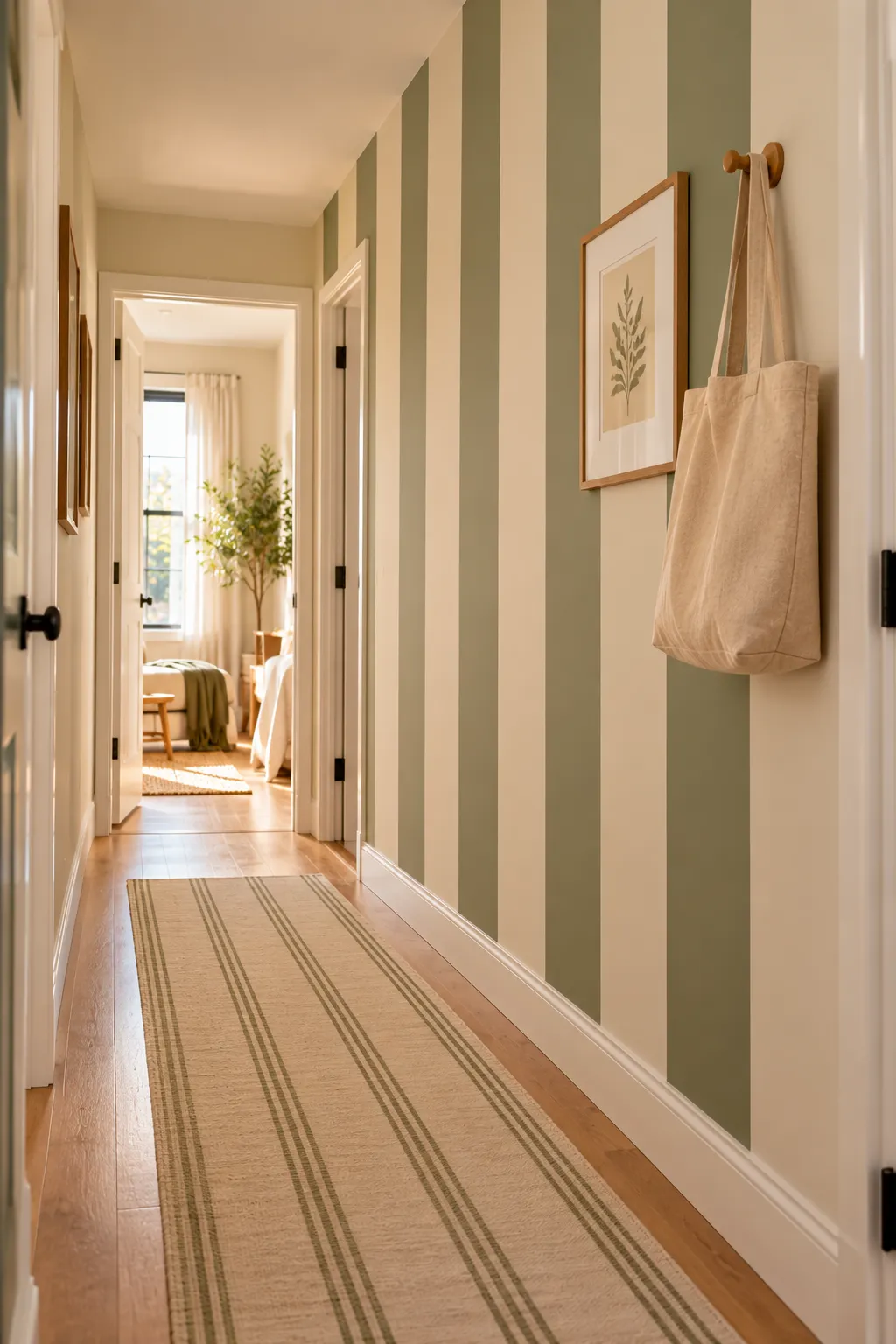 Narrow hallway with wide vertical sage and cream painted stripes