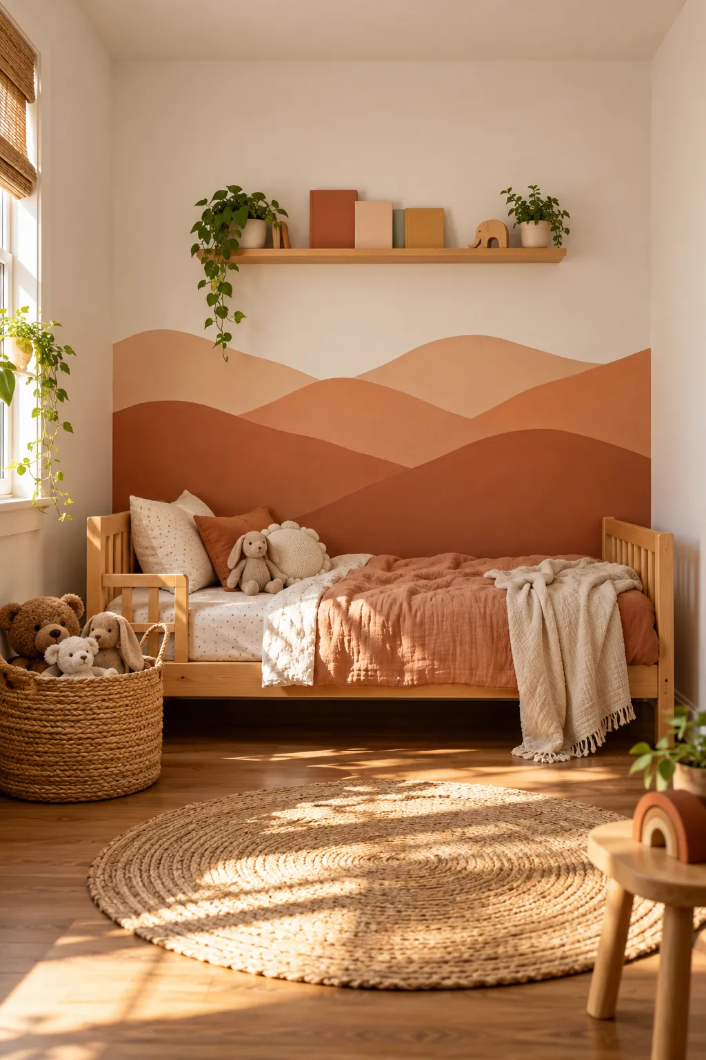 Hand painted rolling hill mural accent wall in a small kids bedroom