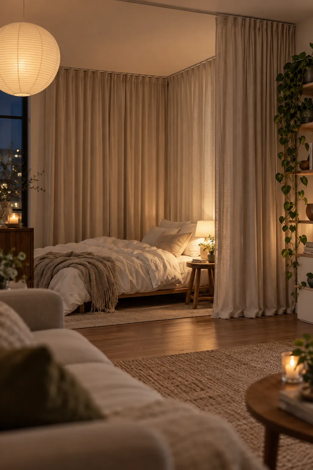 Floor to ceiling linen fabric accent wall framing a bed in a studio apartment