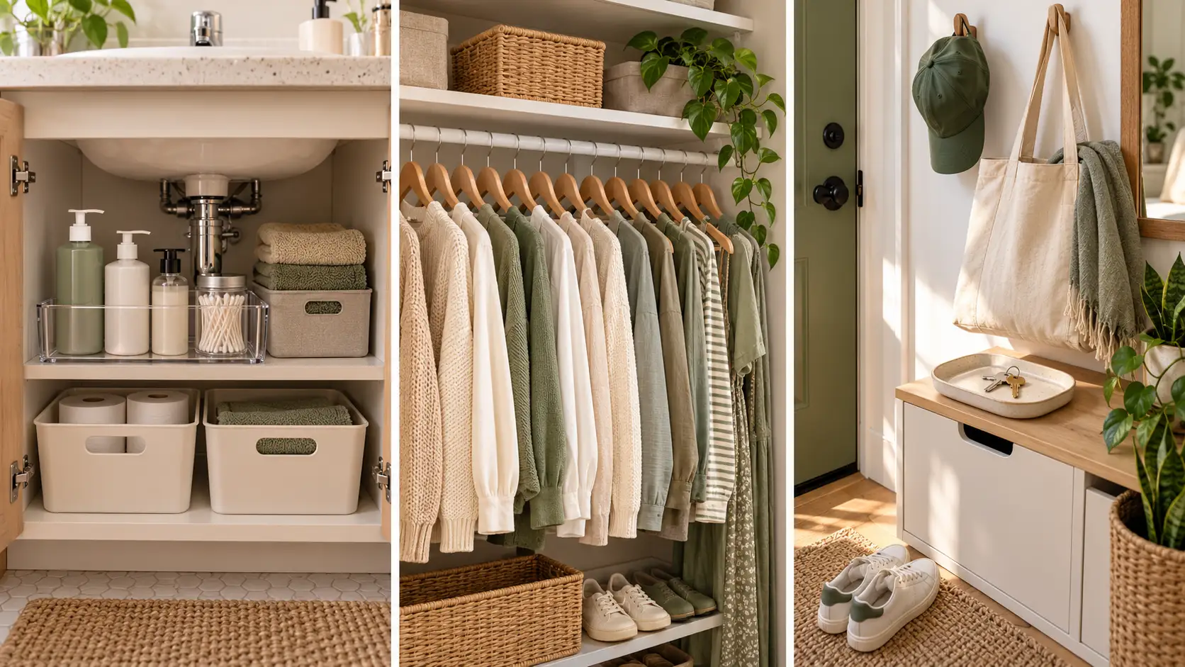 Apartment organization for beginners: organized under-sink bathroom cabinet, tidy closet in sage and cream, and entryway drop zone