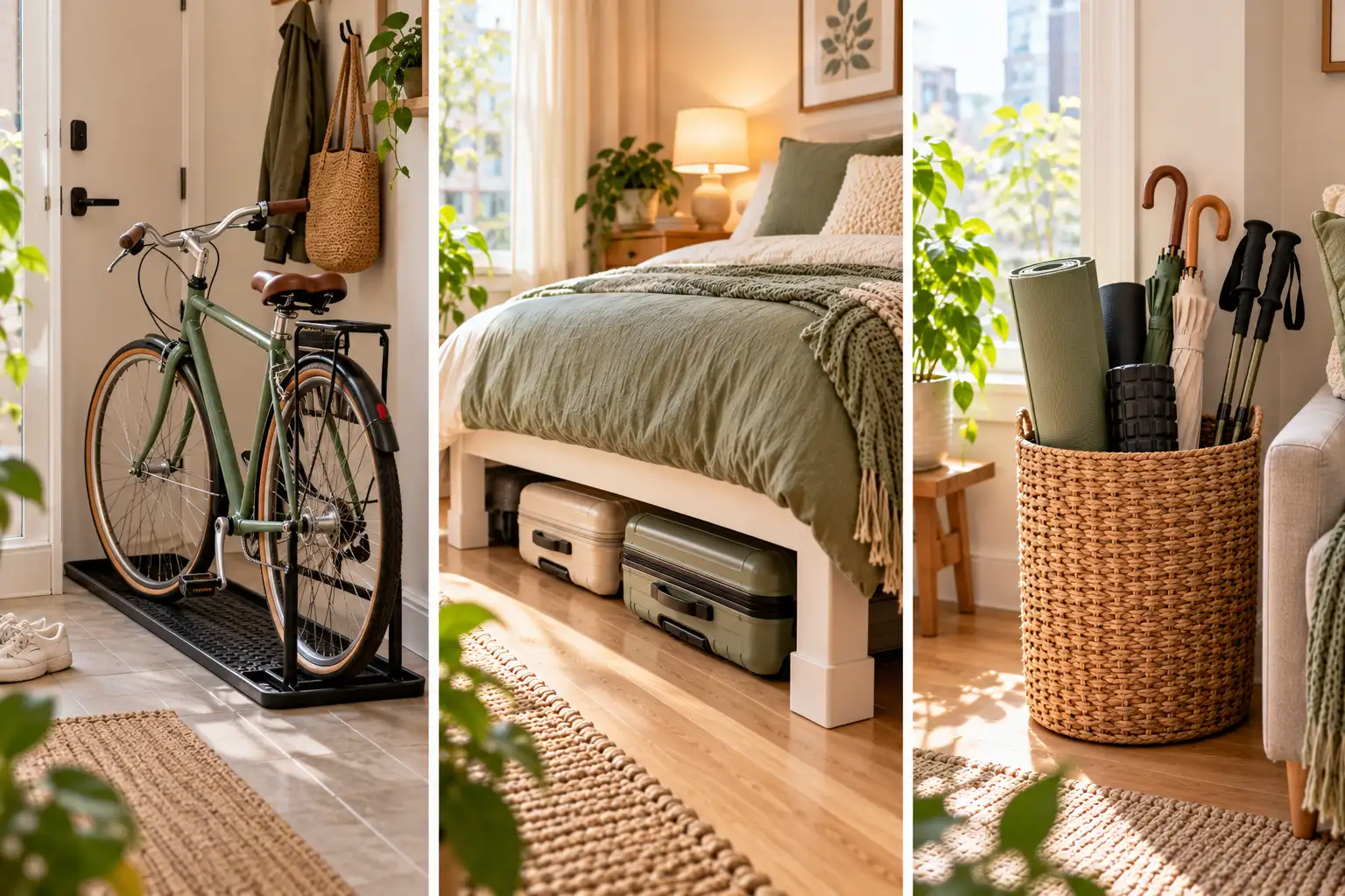 Where to store bikes in an apartment: bike stand by the door, luggage under the bed, tall gear basket