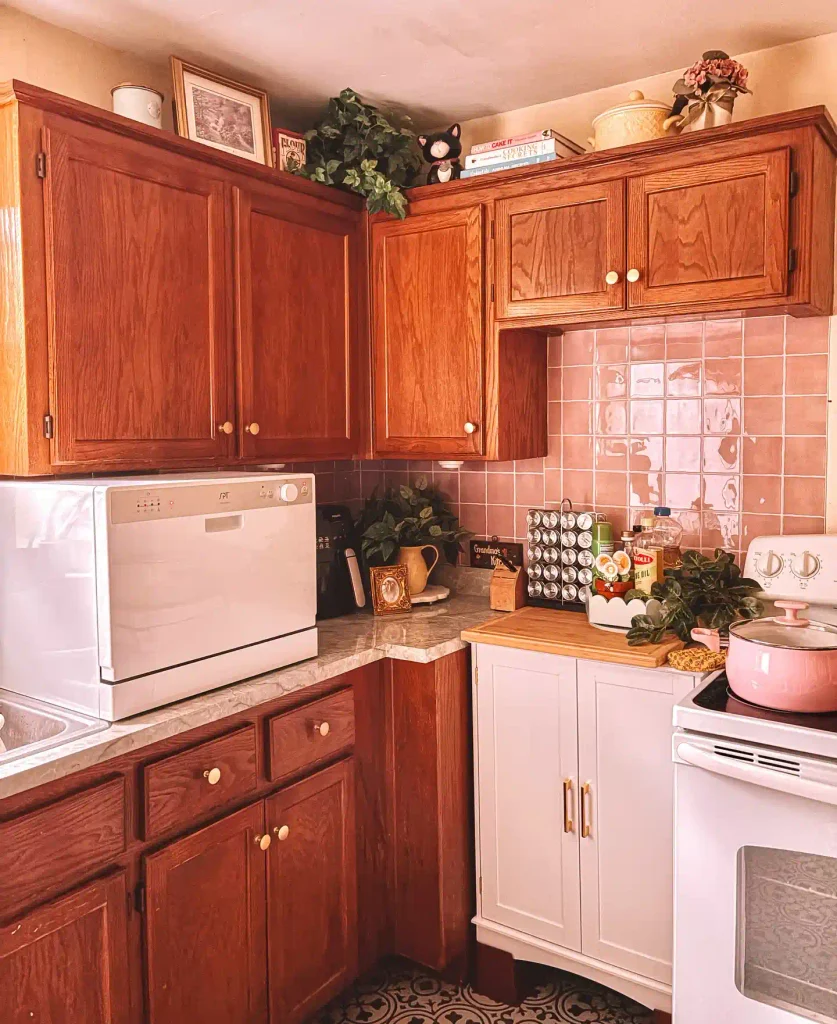 Warm Up Dated Oak Cabinets With Dusty Pink Square Tile