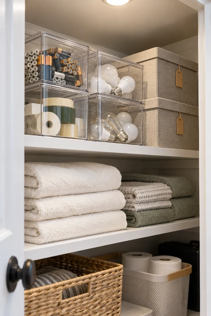 Closet shelf with clear bins of batteries, tape and light bulbs beside tagged fabric storage boxes