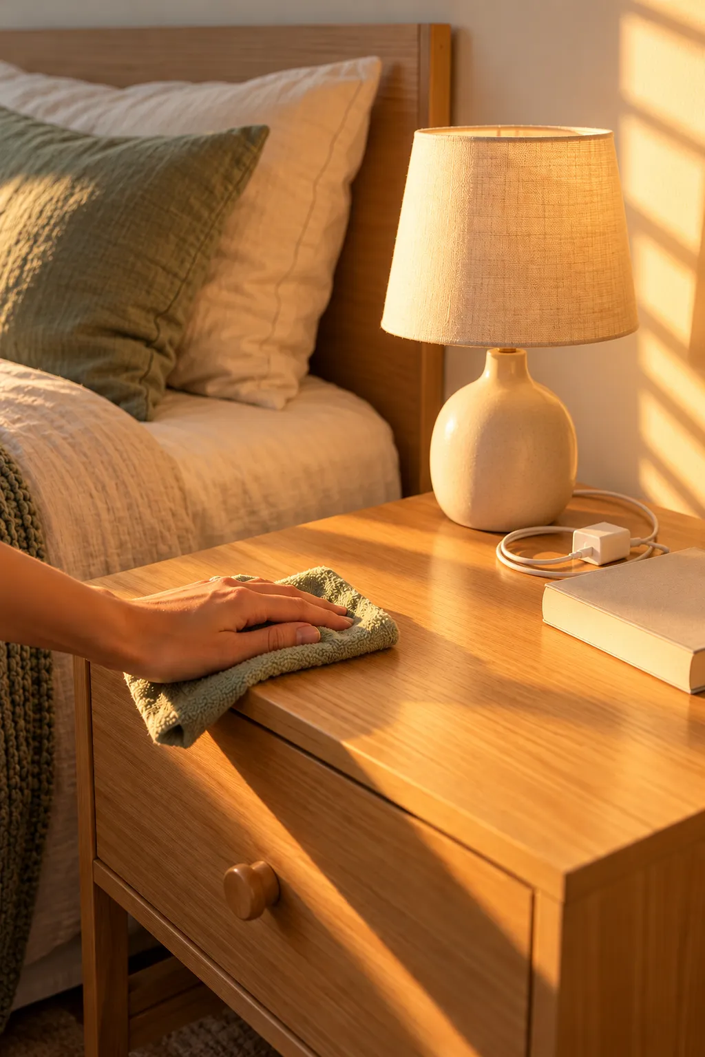 Hand wiping a wooden nightstand that holds only a lamp, a phone charger and one book