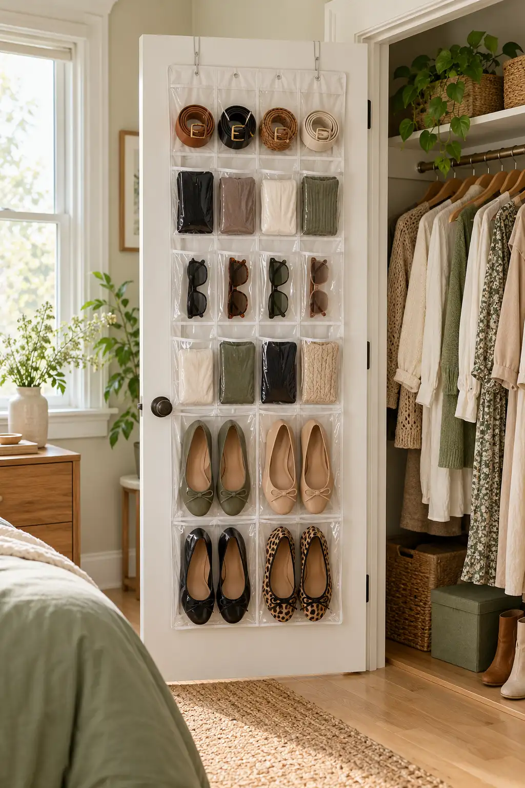 Over-the-door pocket organizer holding rolled belts, tights, sunglasses, and flats on the back of a white closet door