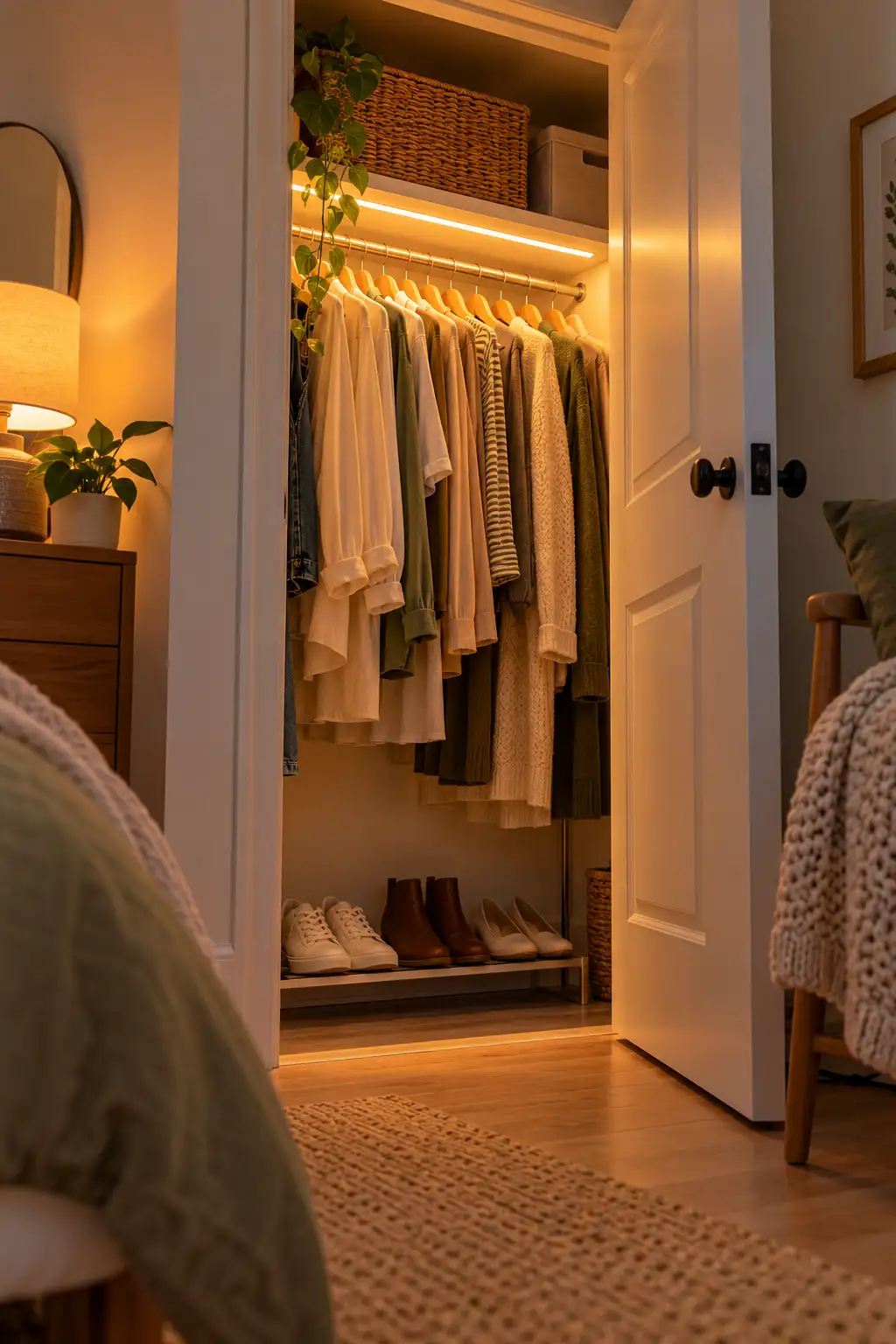 Small reach-in closet lit by a warm LED strip under the top shelf, glowing on neatly hung shirts
