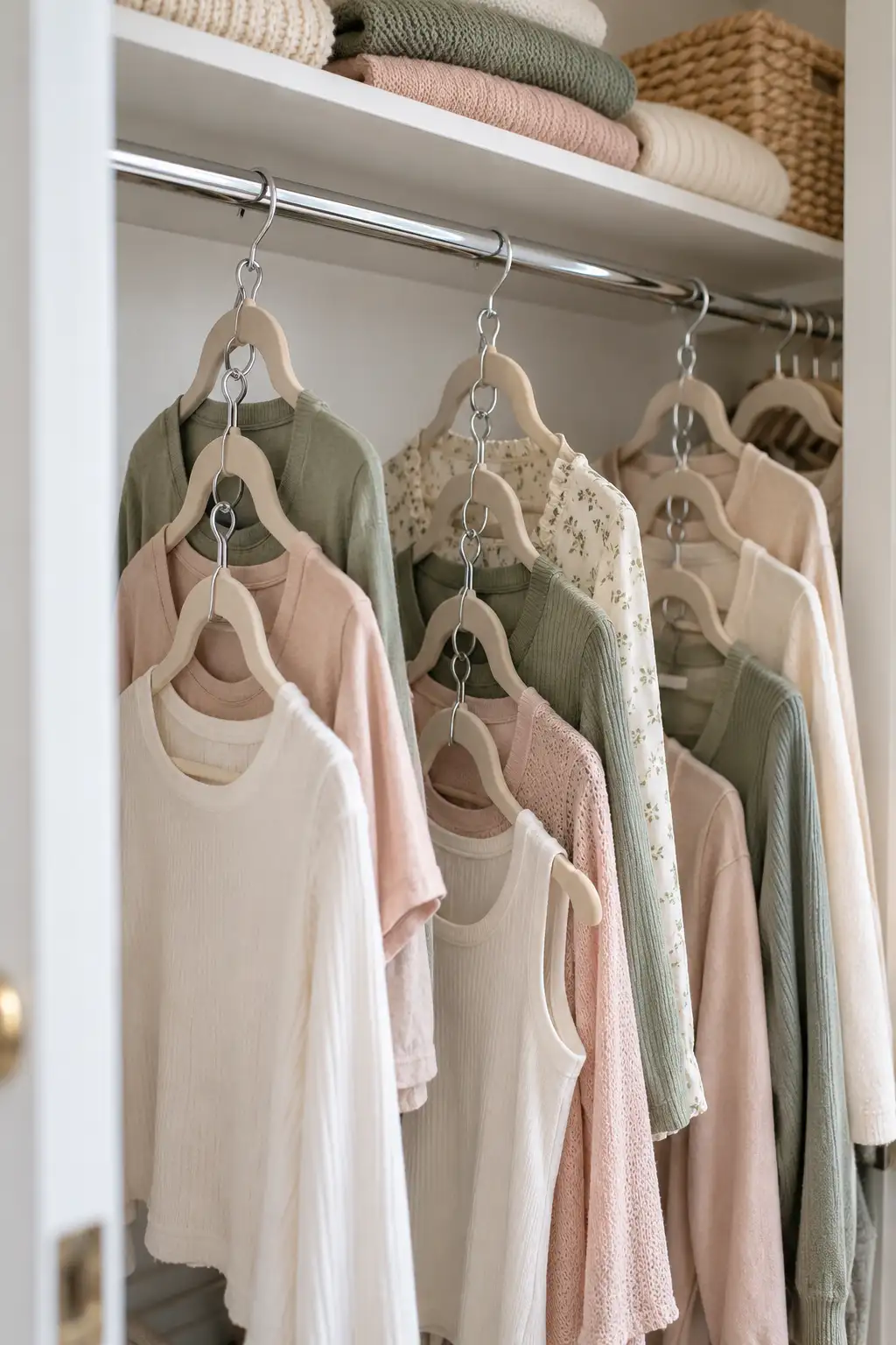 Cascading hangers holding linked tops on a single chrome closet rod