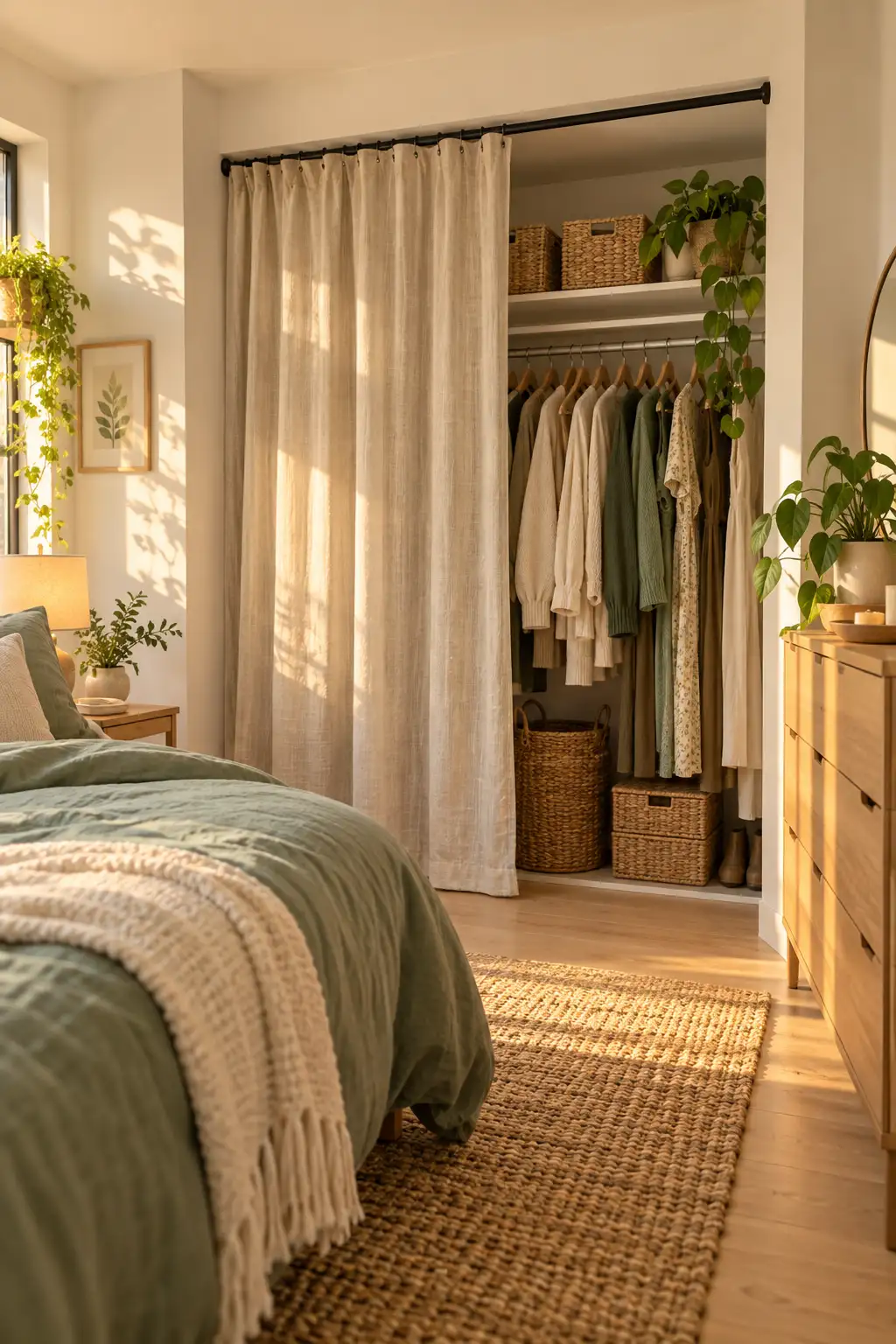 Linen curtain pulled halfway open in place of closet doors, showing tidy clothes and woven baskets