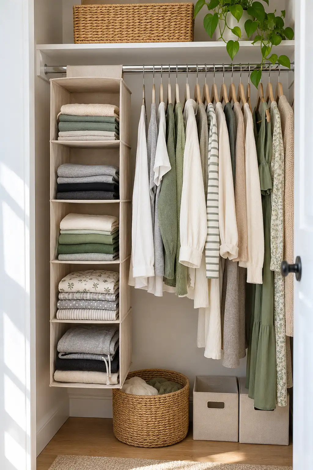 Hanging fabric shelf organizer with folded tees and leggings hooked onto a closet rod