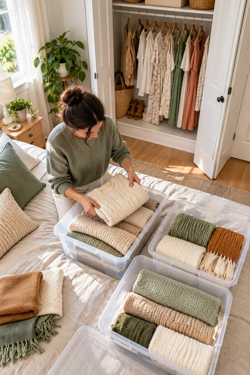 Folded winter sweaters packed into clear lidded bins on a bed during a seasonal closet swap