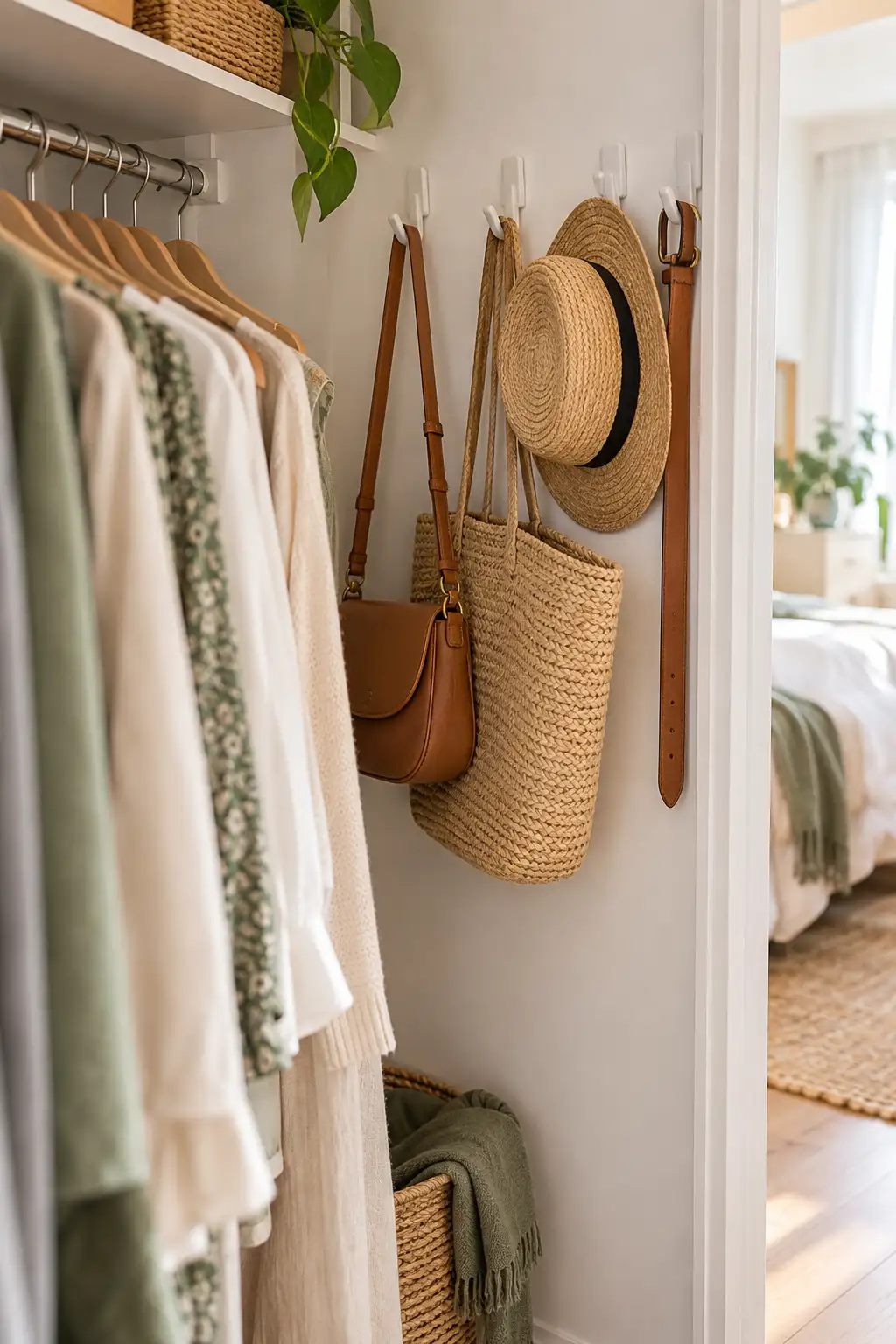 Removable hooks on a closet side wall holding a crossbody bag, straw tote, sun hat, and belt