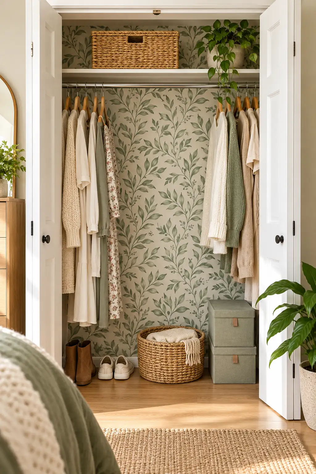 Small closet with sage green peel-and-stick wallpaper on the back wall and neatly hung clothes