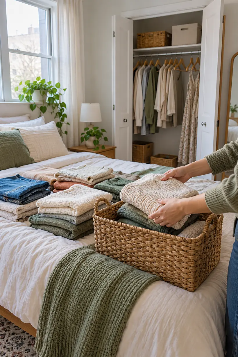 Hands placing a folded sweater into a woven donation basket on a bed with an open closet behind