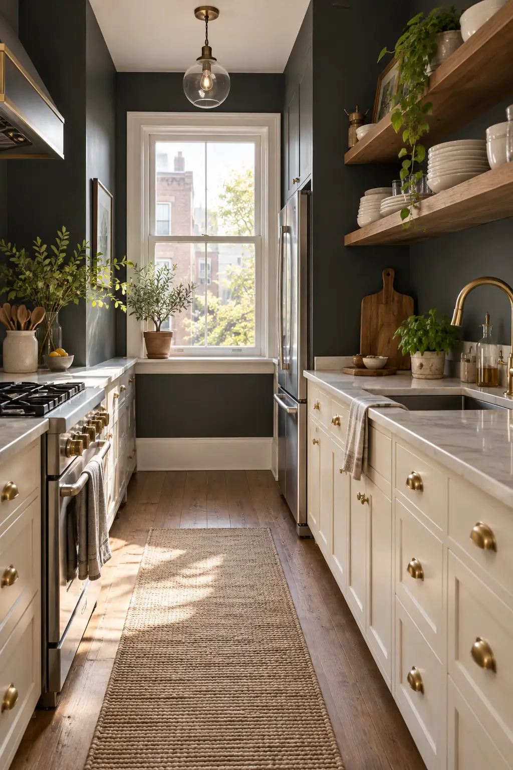 Narrow galley kitchen with charcoal walls, cream cabinets, open wood shelves and a brass pendant light