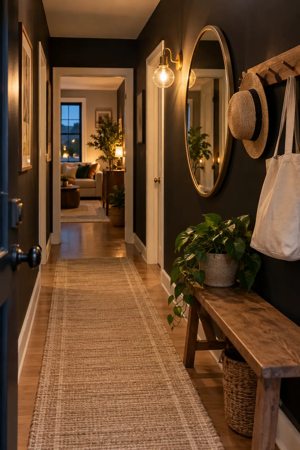 Narrow apartment entryway painted matte black with a round brass mirror, wall sconce and woven runner rug