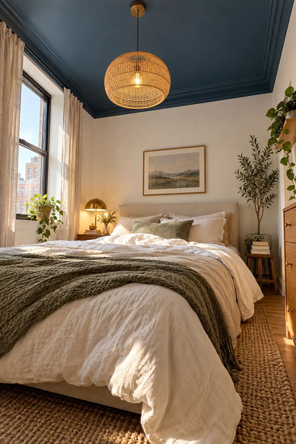 Small bedroom with a deep slate blue ceiling over soft white walls and linen bedding