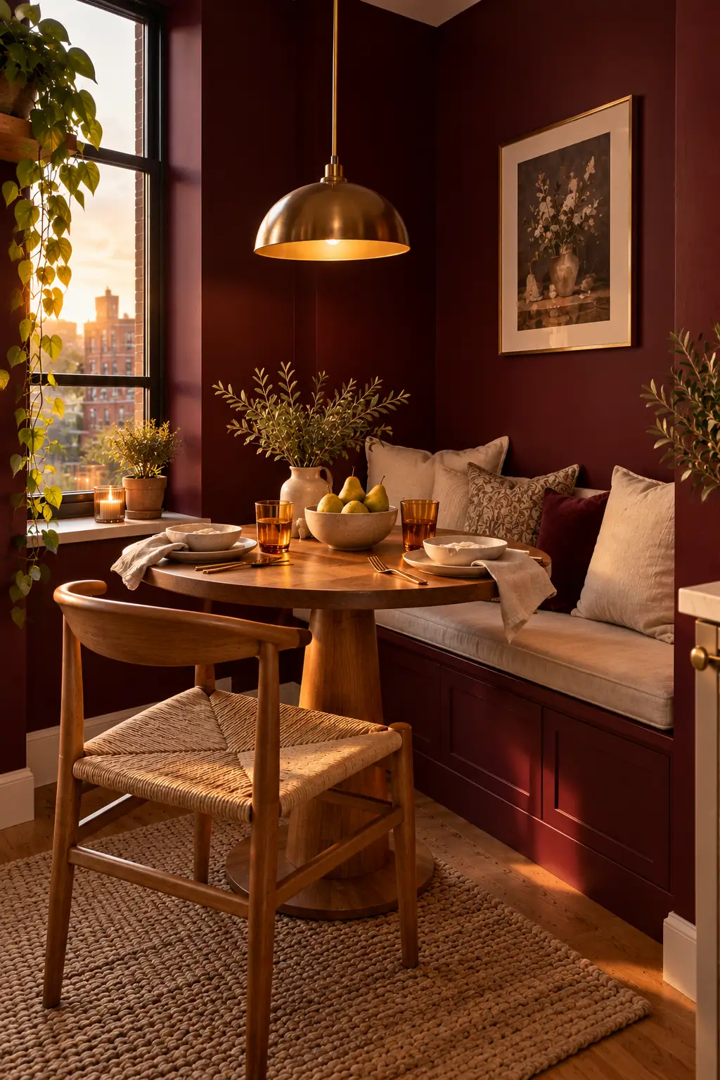 Small dining nook with deep burgundy walls, a round wooden table and a cushioned bench