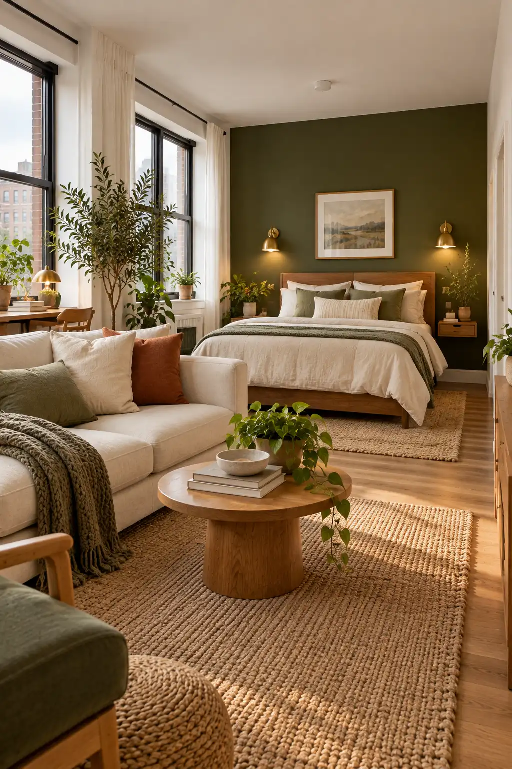 Studio apartment with one deep olive green accent wall behind a neatly made bed