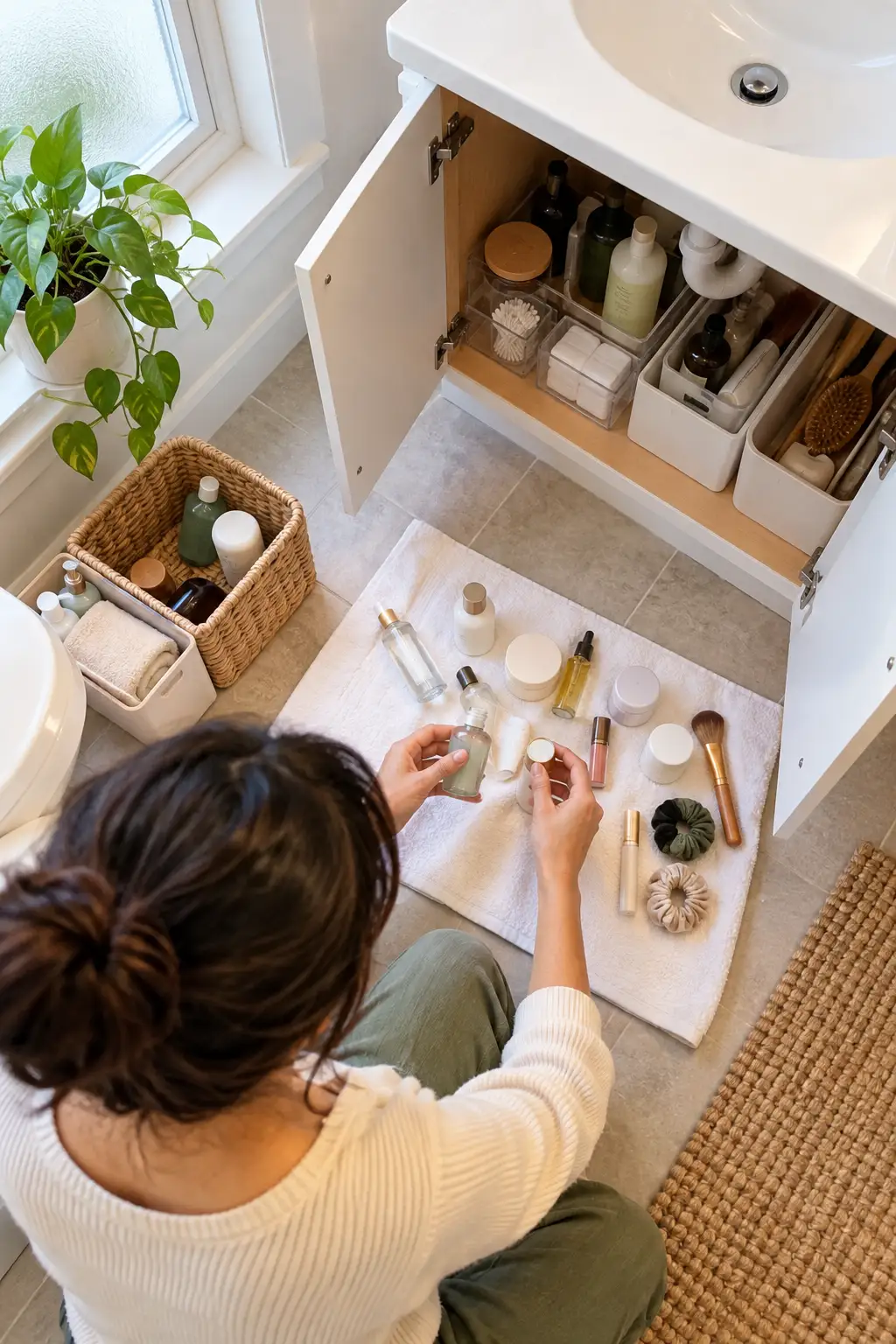 Hands sorting toiletry bottles on a white towel beside an open bathroom under-sink cabinet