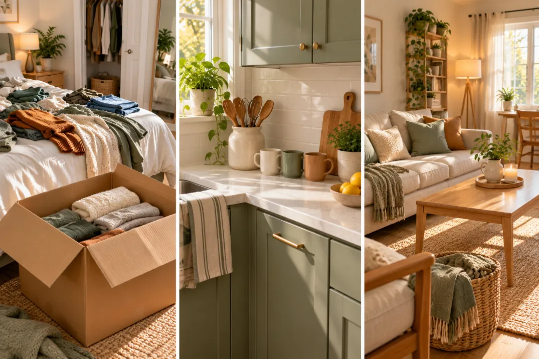 How to declutter a small apartment in one weekend: clothes sorting, a clear kitchen counter and a tidy living room