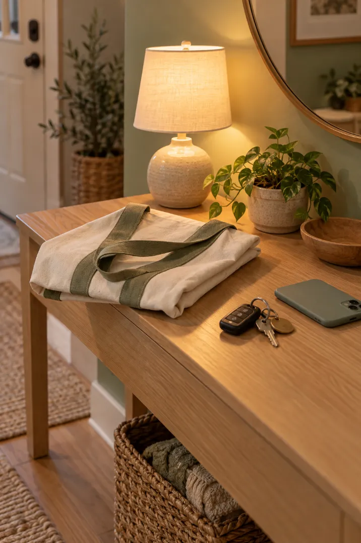 Tote bag, car keys and phone on an entryway console, ready for a weekend donation drop-off