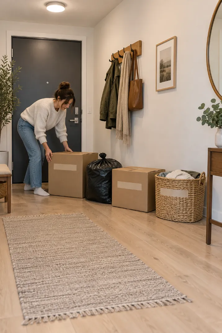 Woman setting up donate, trash, recycle and relocate sorting zones by the apartment front door