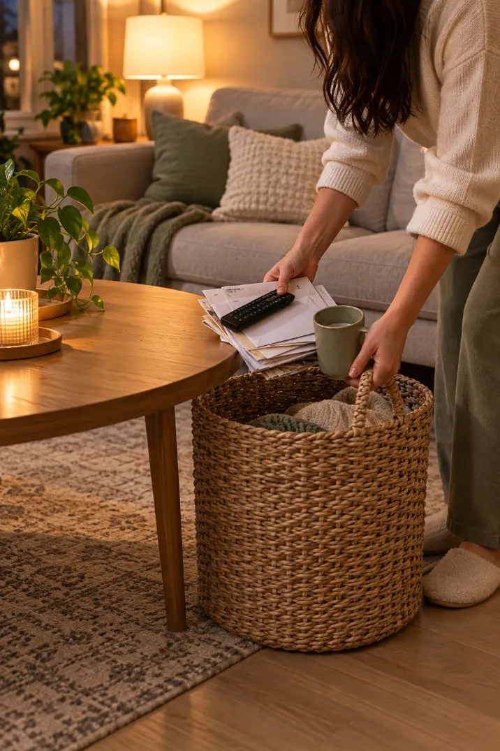 Sweeping clutter from a coffee table into a woven laundry basket on Friday night