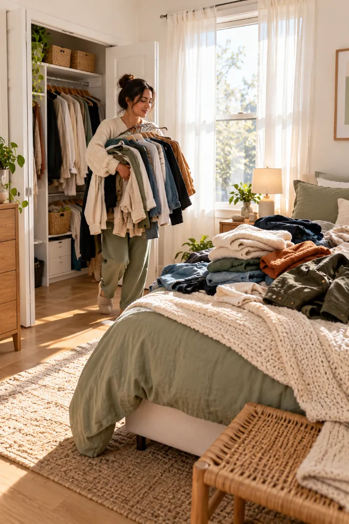 Woman carrying an armful of clothes from the closet to pile on the bed