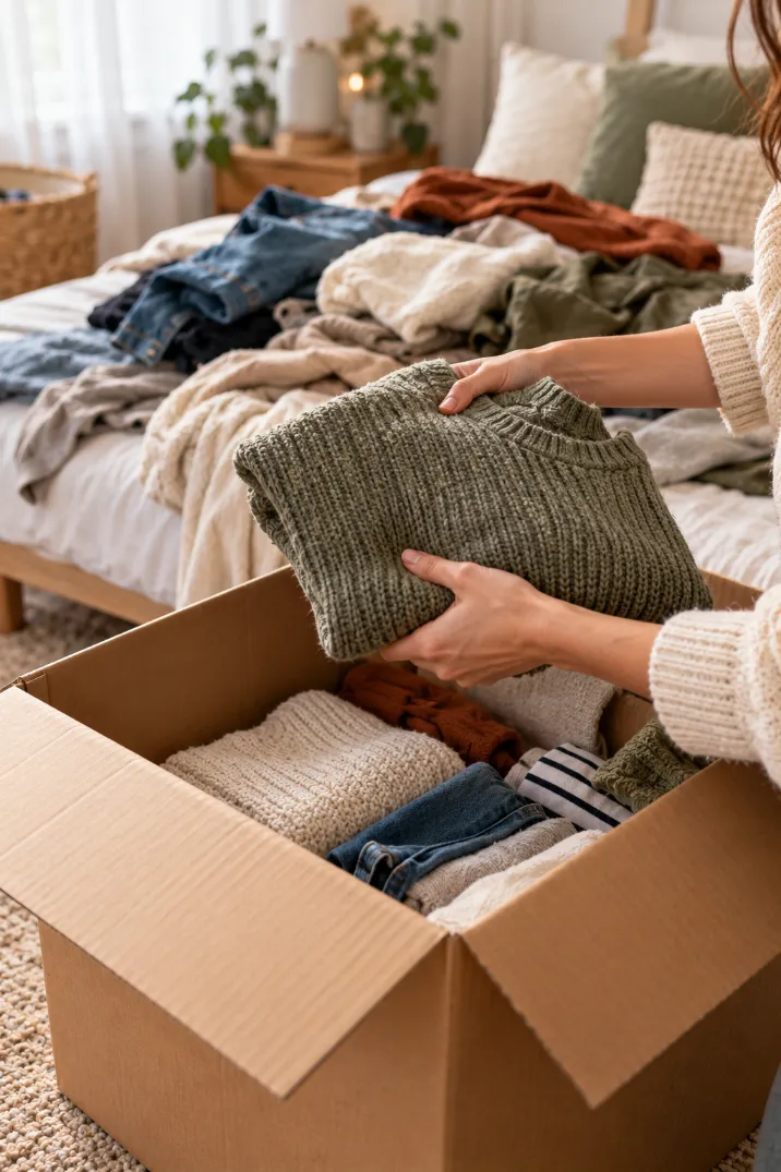 Holding a knit sweater over a donation box while sorting clothes with the 12-month rule