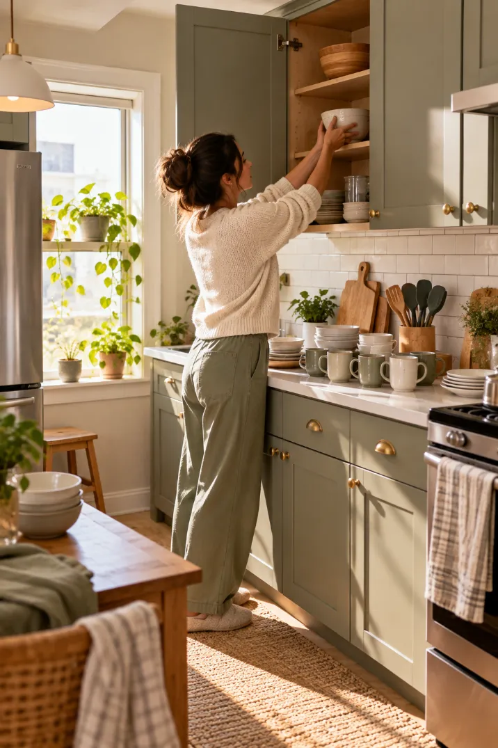 Woman emptying a sage green kitchen cabinet one shelf at a time in a small apartment kitchen