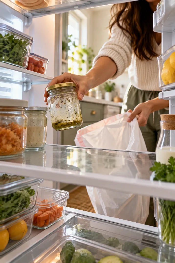 Tossing an expired jar from the fridge into a trash bag while decluttering the kitchen