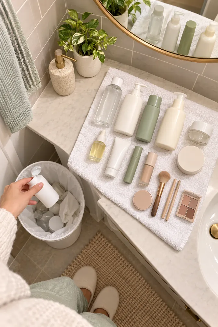 Bathroom toiletries lined up on a towel while tossing an empty bottle into the wastebasket