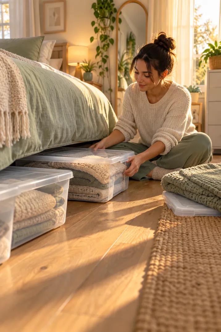 Woman sliding storage bins out from under the bed to declutter a small bedroom