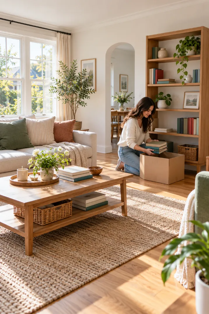 Woman packing books into a donation box while decluttering a small living room