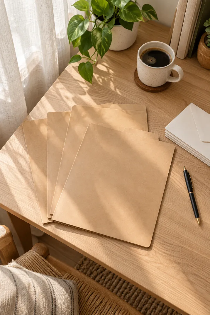Plain kraft folders, envelopes and a pen on a desk for sorting paperwork into act, file and shred