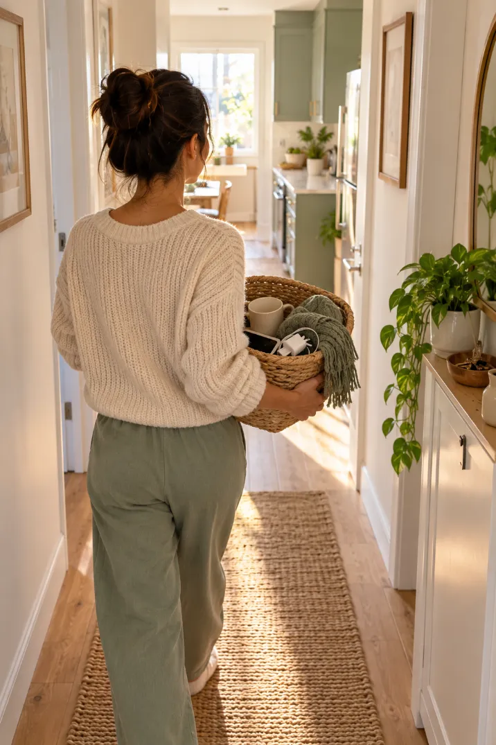 Woman carrying a basket of relocate items down a narrow apartment hallway