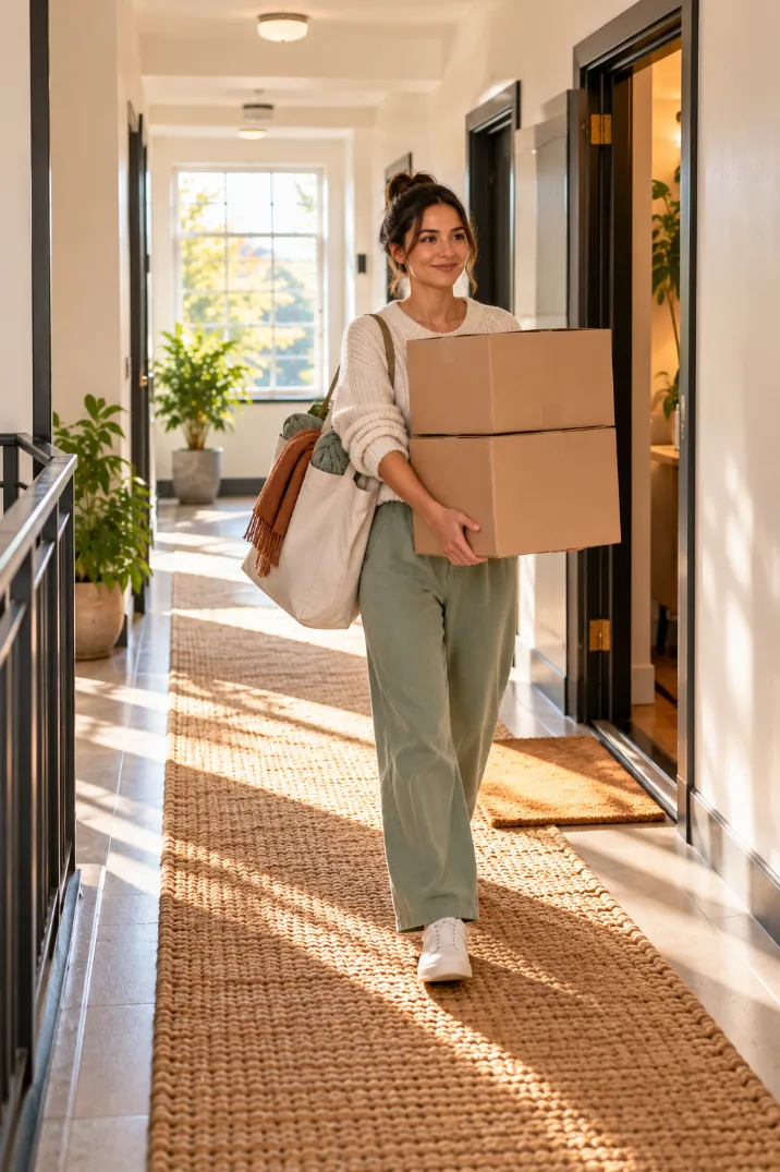Woman carrying donation boxes out of her apartment after a weekend declutter
