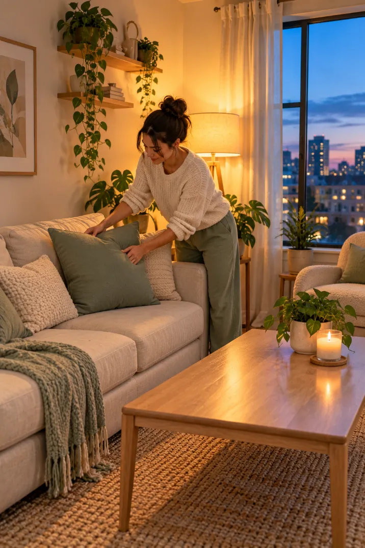 Woman fluffing a sage green pillow during a 10-minute evening reset in a decluttered living room