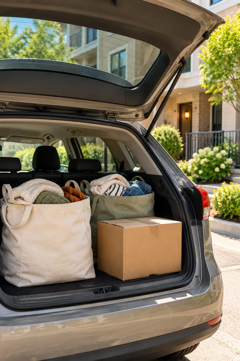 Donation bags and a cardboard box loaded in an open car trunk outside an apartment building