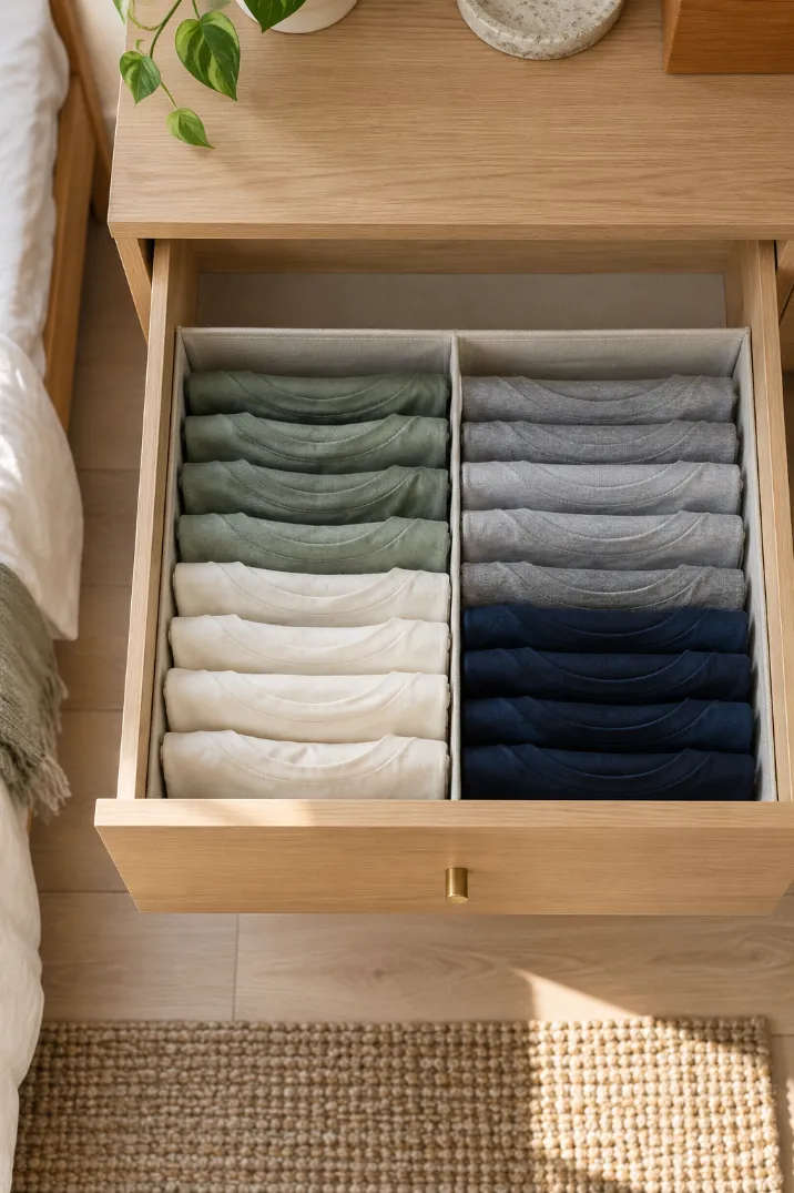 Open dresser drawer with T-shirts folded and filed upright in sage, cream, grey and navy with space left at the back