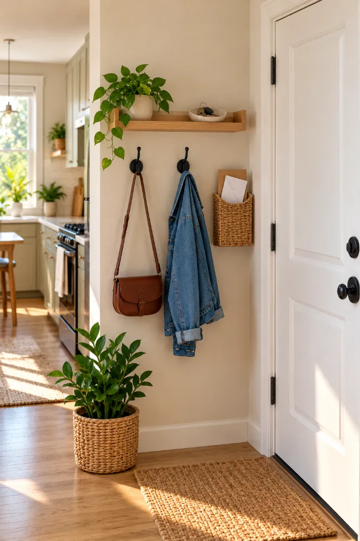 Small apartment entryway with a floating shelf holding a key dish, hooks for a bag and denim jacket, and a wall pocket for mail