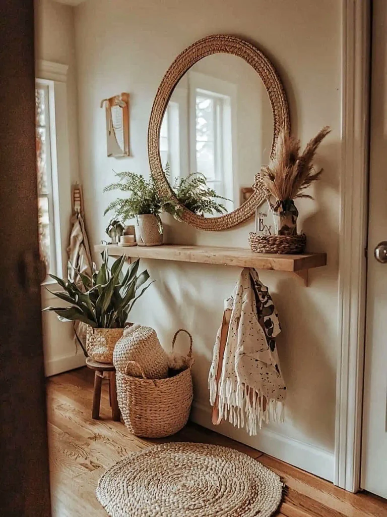 Hang a Round Woven Mirror on the Wall Next to Your Entry Window