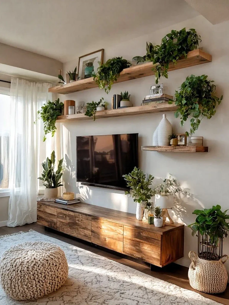 Frame Your TV With Chunky Wood Shelves and Trailing Plants